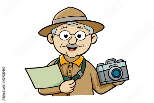 Friendly elderly explorer with camera and map ready for adventure and discovery