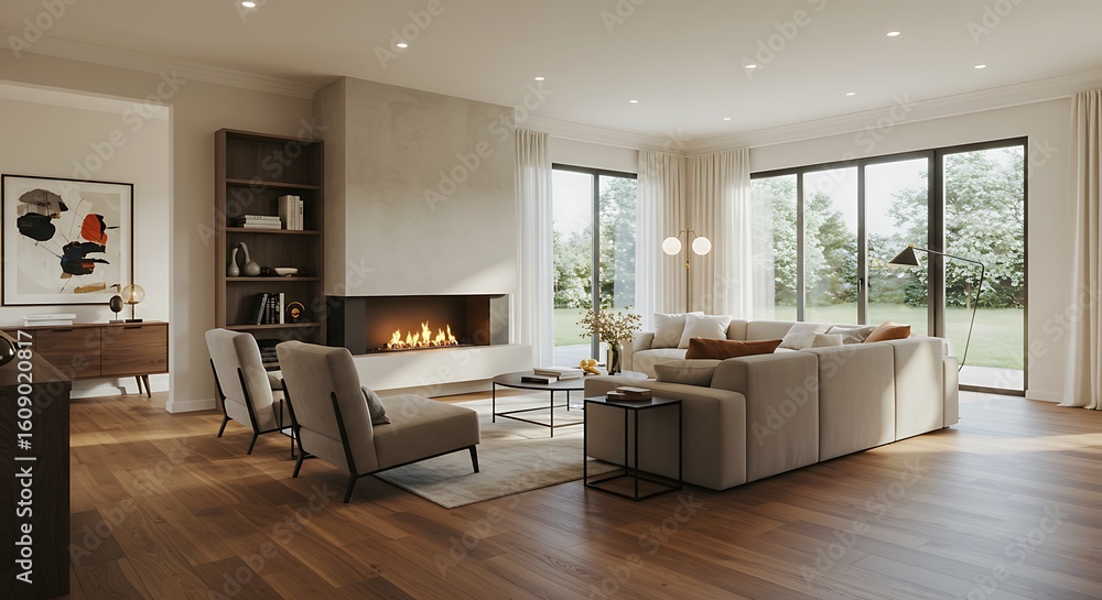 Fototapeta premium Design Details of Beautiful living room interior with hardwood floors and fireplace in new luxury home. Large bank of windows hints at exterior view