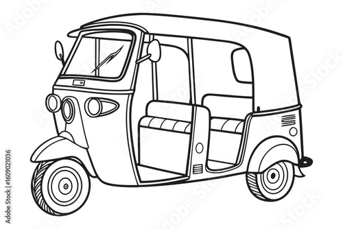 Vector line art illustration of a classic Asian auto rickshaw or tuk-tuk.