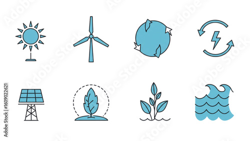 Eco-friendly icons for sustainable energy, environment, and green initiatives, clean power