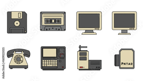 Retro tech icons representing obsolete computer technology for nostalgic design projects