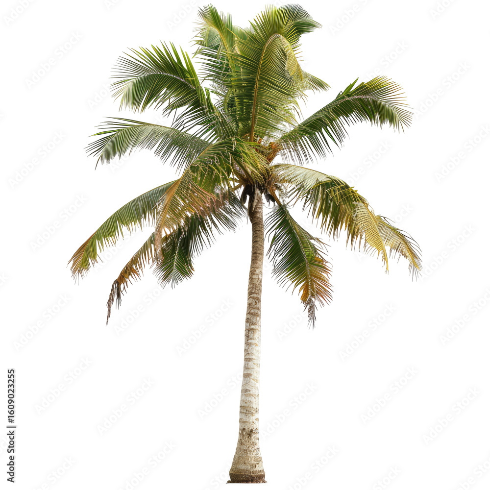 Fototapeta premium Isolated tropical palm tree with a tall, slender trunk and large, feathery fronds