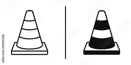 Traffic Cone Design Comparison: A pair of traffic cones in a symmetrical design, showcasing the visual contrast between black and white, and solid and outline styles. 