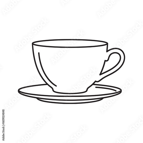 Tea cup and saucer vector line icon for hot beverage coffee break and morning drink representing cafe restaurant and breakfast tableware