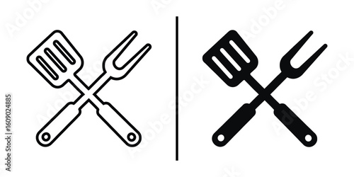 Grilling Tools Illustration: A minimalist illustration of crossed spatula and fork, evoking the spirit of outdoor cooking, BBQ and culinary theme.