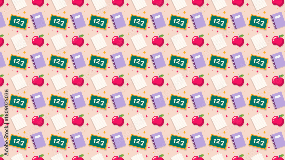 Naklejka premium Seamless repeating pattern of school supplies including apples notebooks and chalkboards with numbers