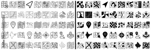 Navigation Icon Set: A meticulously curated collection of illustrative map and location icons, perfect for diverse navigational needs. Featuring a range of styles.