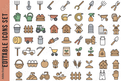 Editable Color Icon Set for Farming, Agriculture, and Gardening
