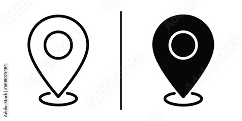Location Icons: A split composition presents two stylized location icons side-by-side, a clear visual metaphor for navigation, pinpointing a destination, and mapping