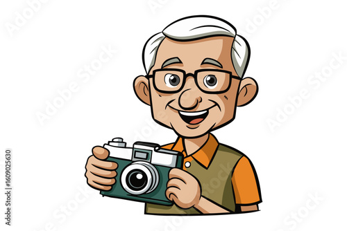 Smiling elderly man with glasses enthusiastically holding a vintage camera ready to capture cherished memories and moments