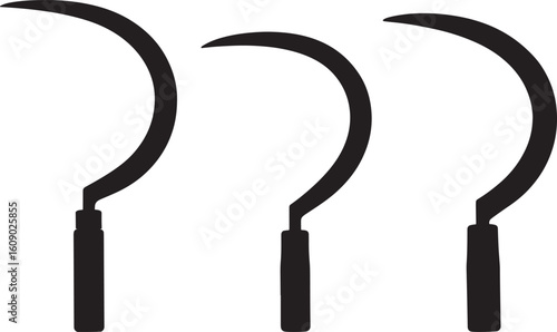 Three agricultural sickle tools in silhouette