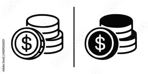 Monetary Assets Illustration: A set of graphic icons, depicting stacks of coins, one featuring the prominent dollar sign, signifying financial assets and economic stability.