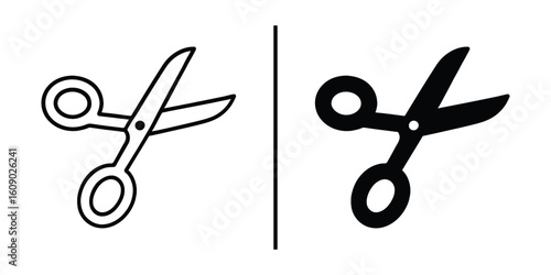 Dual Scissor Display: An artistic and graphic depiction of a pair of scissors, one outlined and one solid, suggesting contrast or duality. Suitable for concepts of cutting, precision, and design.