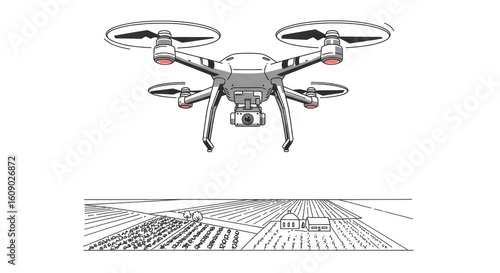 A drone flies over a farm with crops and buildings