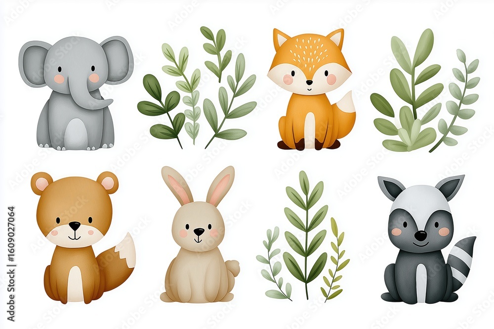 Fototapeta premium Adorable woodland animals and plants watercolor illustration set