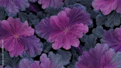 Vibrant purple and grey floral pattern, intricately detailed petals evoke a sense of depth and richness in this botanical illustration