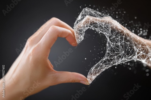 two hands are making the heart shape gesture, left hand is clean normal human, right hand is Abstract digital hand with a network connection and technology concept
