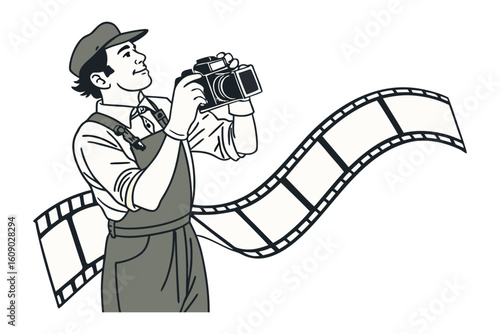 Vintage filmmaker captures moments with classic camera and winding film strip