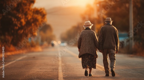Elderly Couple Holding Hands While Walking on a Serene Road During Sunset, Surrounded by Nature and Warm Colors, Capturing Timeless Love