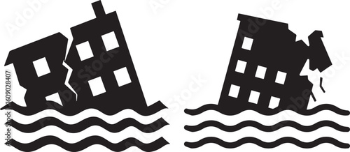 Damaged buildings submerged in water during a flood disaster silhouette