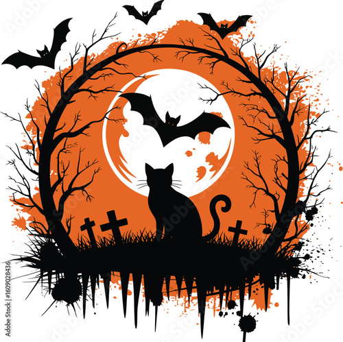 Spooky black cat and bats hover over a haunted graveyard scene with a full moon on Halloween night