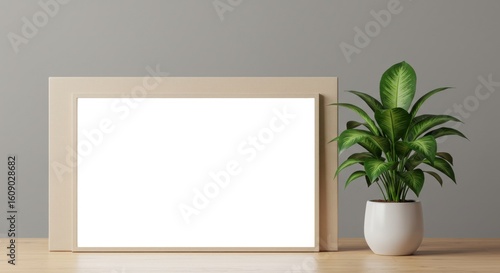 A horizontal beige picture frame sits on a wooden surface next to a potted green plant