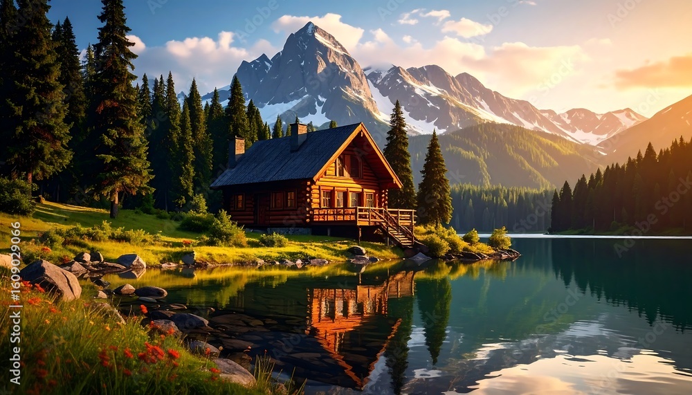 Fototapeta premium Lakeside log cabin at sunset