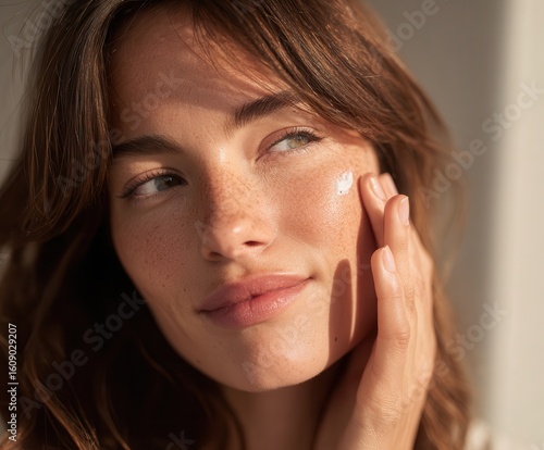 a young woman with brown hair gently applying face cream to her cheek