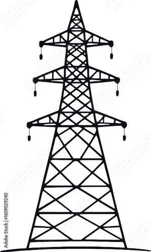 Electric tower icon, black vector of high-voltage transmission pylon with crossbars and insulators