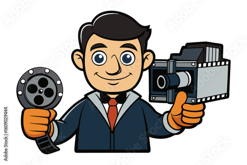 Smiling filmmaker character holding a vintage film reel and a modern digital video camera