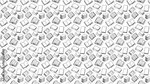 A repeating pattern of hand drawn books in various positions on a white background surface area
