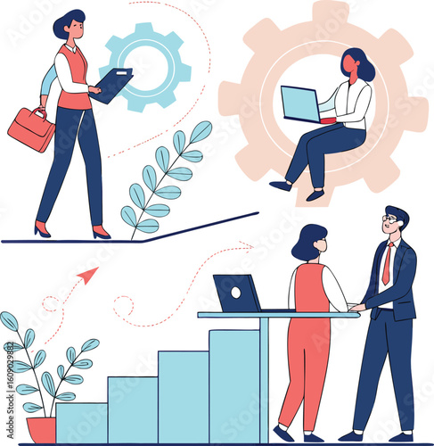 “Colorful flat vector illustration of modern human resources and business management concepts. Includes diverse professionals in office settings, leadership and teamwork activities,