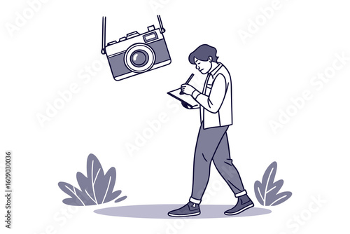 Artist captures inspiration outdoors sketching a digital tablet with a vintage camera overhead
