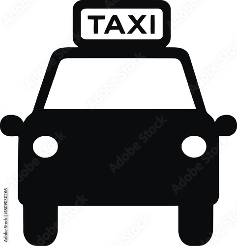 Taxi silhouette icon, bold front-view design with TAXI signage, classic black cab vector