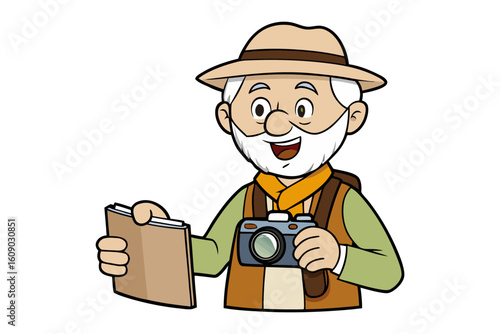 Joyful elderly explorer with camera and notebook ready for adventure and discovery