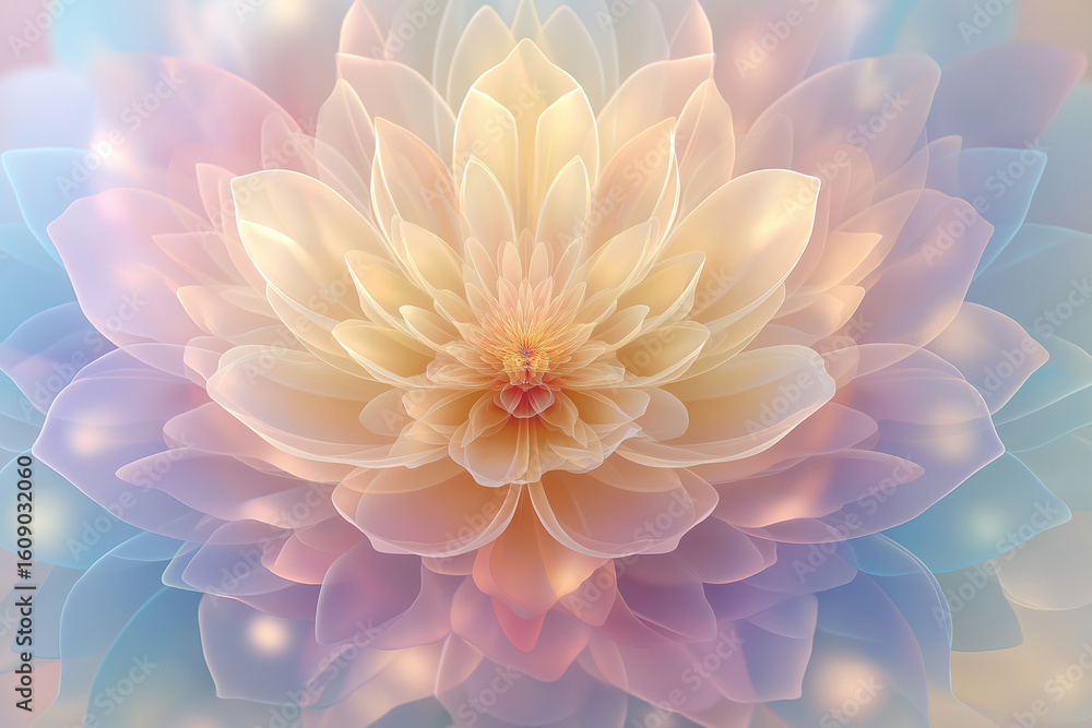 Obraz premium Ultra-detailed pastel floral mandala with glowing effects, fantasy-inspired abstract lotus-like structure in soft light pink, blue and gold tones, symmetrical harmony, spiritual calm
