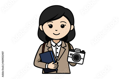 Smiling cartoon woman professional holding a camera and a book ready for work or adventure
