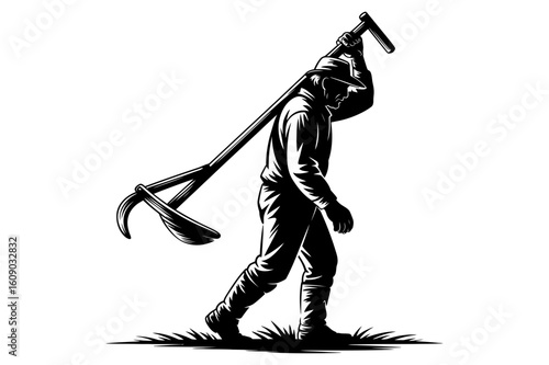 Illustration of a farmer carrying a scythe on his shoulder while walking on grass in black and white