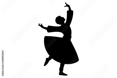 Silhouette of a whirling dervish dancer in a long skirt with arms raised in a spiritual performance