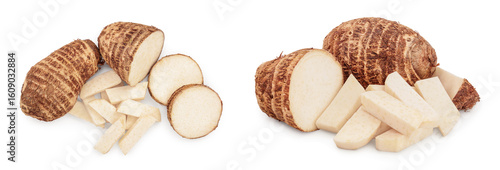 fresh taro root isolated on white background. Top view. Flat lay