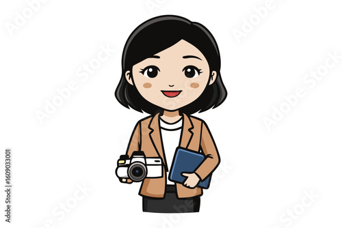 Charming cartoon illustration of a professional woman holding a camera and a notebook ready for work