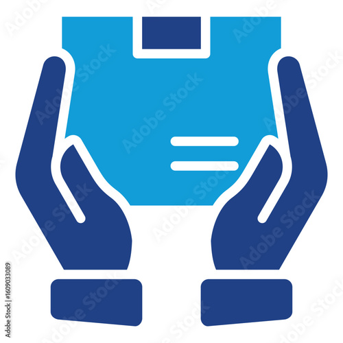 Package Care Glyph Blue Silhouette Icon Vector Design - Two hands holding a package, representing fragile handling, secure delivery, or product care