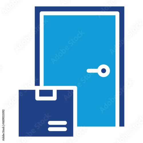 Doorstep Delivery Glyph Blue Silhouette Icon Vector Design - Box in front of door, indicating home delivery, doorstep drop-off, or contactless shipping