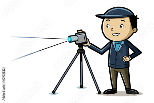 Cartoon photographer in a cap operating a camera mounted on a tripod capturing a moment