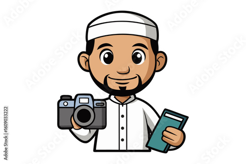 Friendly muslim man wearing a kufi hat holding a camera and a notebook ready for photography