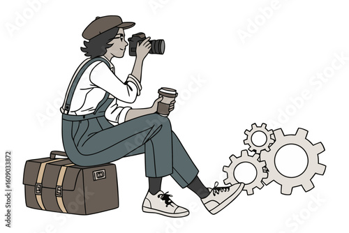 Creative photographer captures industrial inspiration with coffee and gears in a stylized sketch