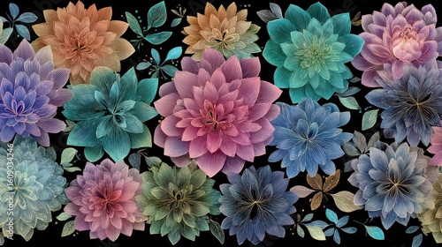 A vibrant floral arrangement with a variety of colorful blossoms against a black backdrop creates a stunning botanical display.