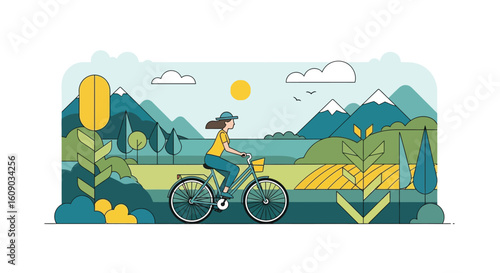 Woman Cycling Through a Scenic Mountain Landscape