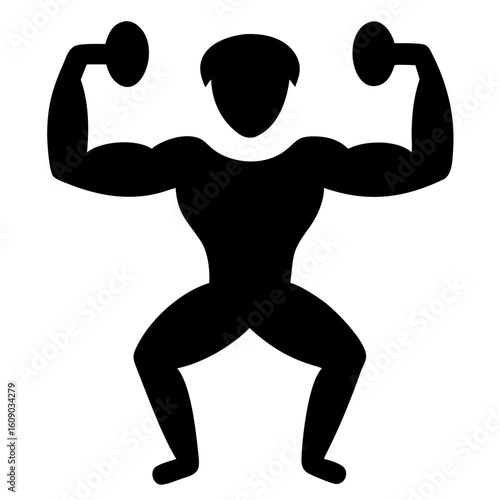 Bold silhouette of a strongman lifting weights, perfect for fitness brand, gym promo, or health app icon, reflects power, determination, and peak performance