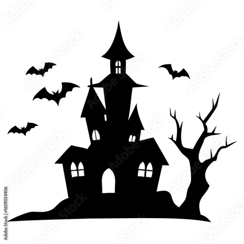 Spooky Halloween haunted house silhouette with bats flying, perfect for invitations, cards, and holiday designs, evoking eerie fun and festive frights